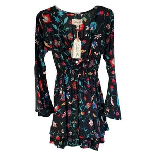 Cleobella Mini Dress Black Floral Ruffles Long Sleeves NWT